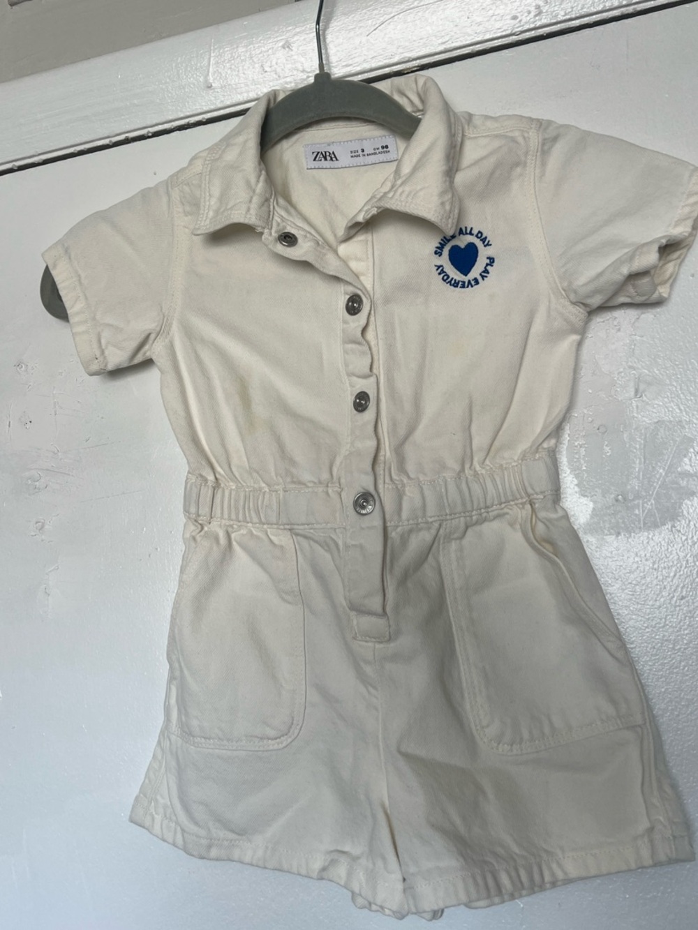 Zara Cream Short-Sleeve Romper with Blue Heart  sz 3